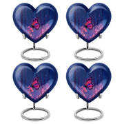 Royal Blue Butterfly Cremation Urn angled view of lid and engraved motif - compassionate heart-butterfly combination with gentle curves - 10 inch aluminum urn for cremated remains