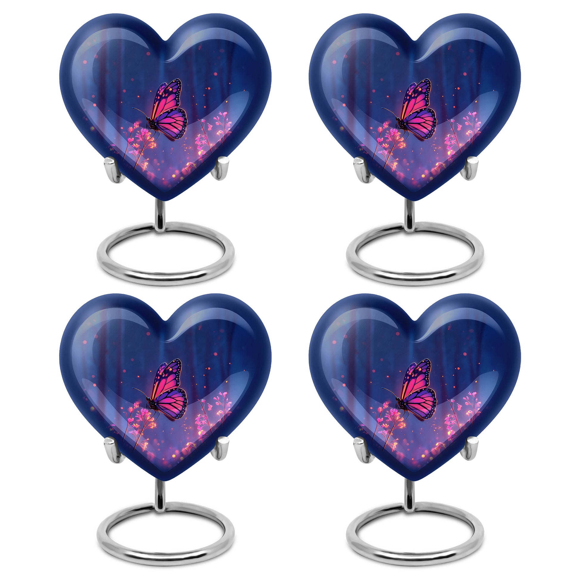 Royal Blue Butterfly Cremation Urn angled view of lid and engraved motif - compassionate heart-butterfly combination with gentle curves - 10 inch aluminum urn for cremated remains
