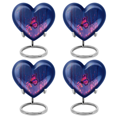 Royal Blue Butterfly Cremation Urn angled view of lid and engraved motif - compassionate heart-butterfly combination with gentle curves - 10 inch aluminum urn for cremated remains