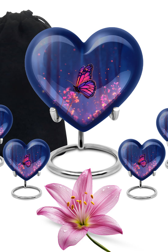 Serene Blue Butterfly Cremation Urn close-up of engraving and surface detail - romantic heart urn with butterfly motif on aluminum - memorial set with one large and four small urns