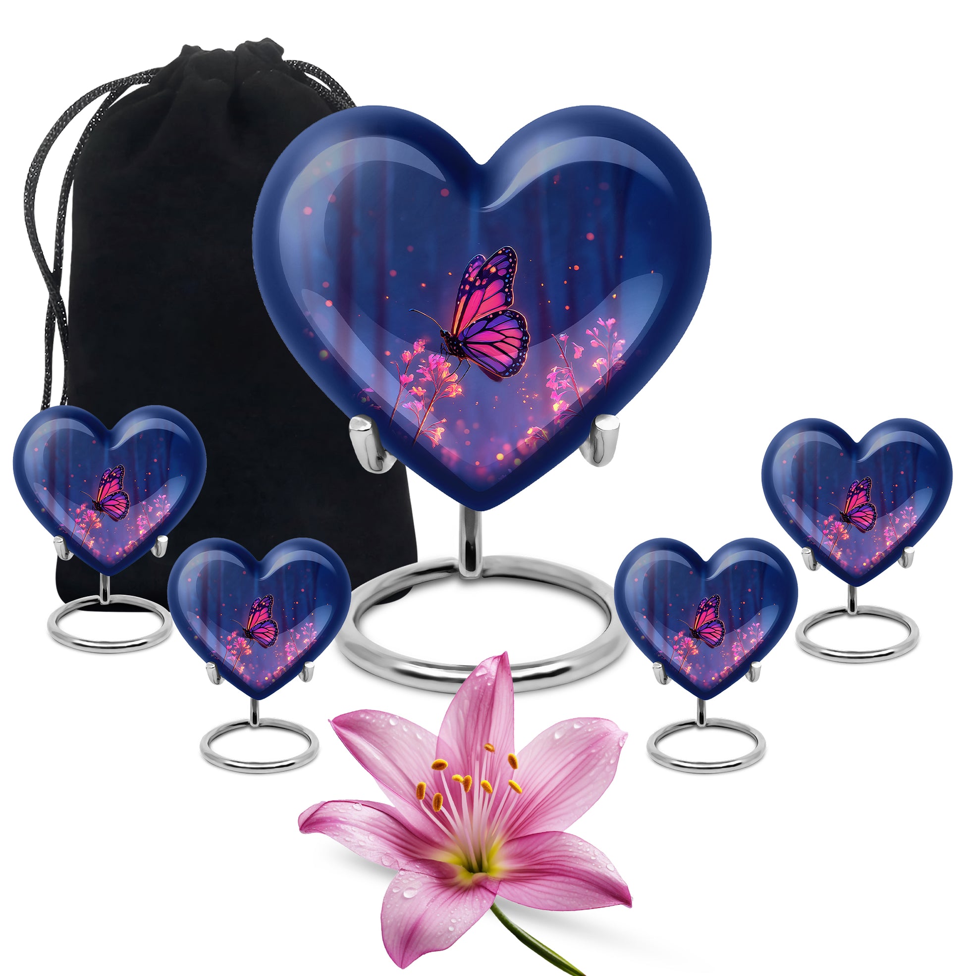 Serene Blue Butterfly Cremation Urn close-up of engraving and surface detail - romantic heart urn with butterfly motif on aluminum - memorial set with one large and four small urns