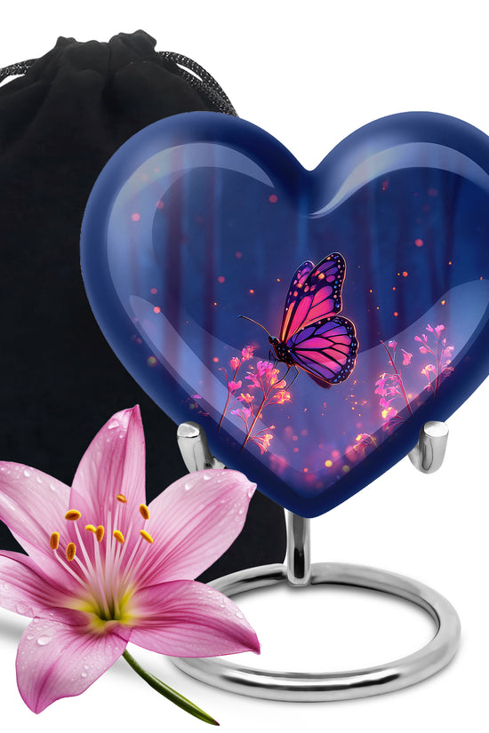Pastel Blue Butterfly Cremation Urn detail view - loving heart memorial featuring butterfly pattern - full-size 10 inch 200 cubic inch adult cremation urn
