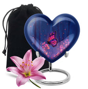 Pastel Blue Butterfly Cremation Urn detail view - loving heart memorial featuring butterfly pattern - full-size 10 inch 200 cubic inch adult cremation urn