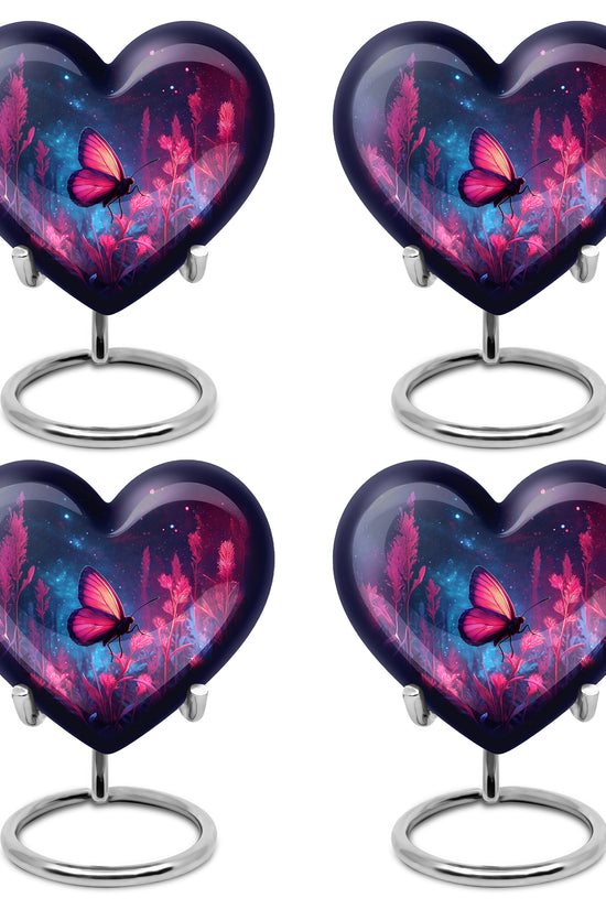 Bright Blue Butterfly Cremation Urn angled view of lid and engraved motif - compassionate heart-butterfly combination with gentle curves - 10 inch aluminum urn for cremated remains