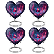Bright Blue Butterfly Cremation Urn angled view of lid and engraved motif - compassionate heart-butterfly combination with gentle curves - 10 inch aluminum urn for cremated remains