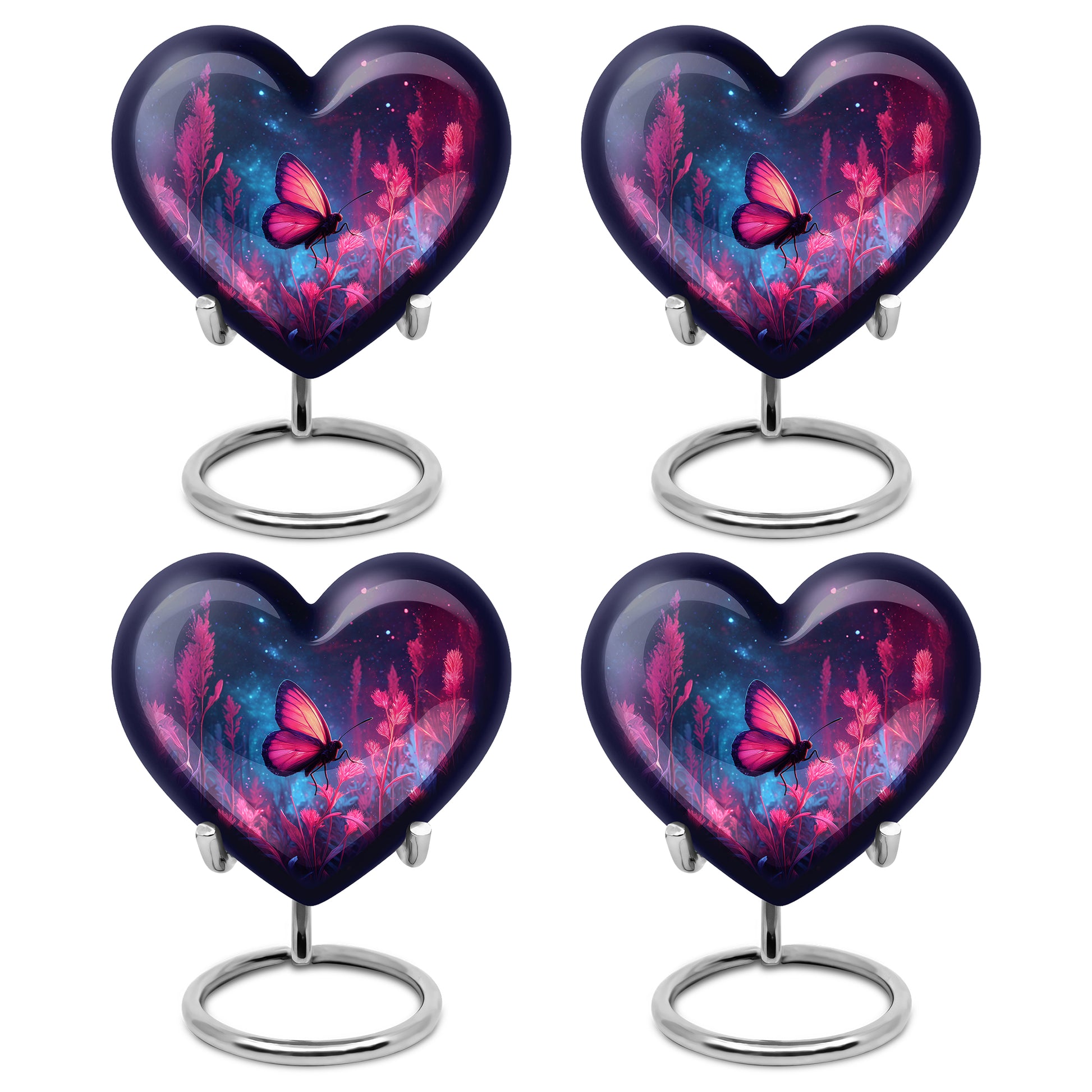 Bright Blue Butterfly Cremation Urn angled view of lid and engraved motif - compassionate heart-butterfly combination with gentle curves - 10 inch aluminum urn for cremated remains