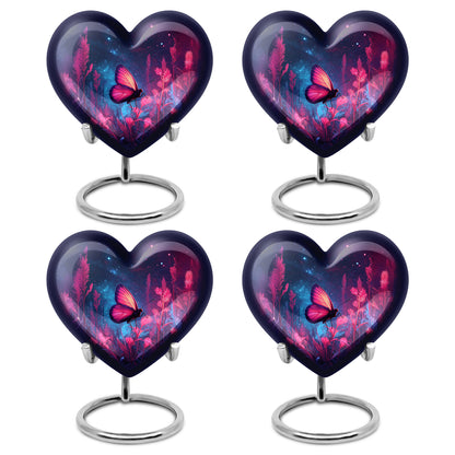 Bright Blue Butterfly Cremation Urn angled view of lid and engraved motif - compassionate heart-butterfly combination with gentle curves - 10 inch aluminum urn for cremated remains