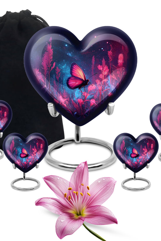 Navy Blue Butterfly Cremation Urn close-up of engraving and surface detail - loving heart memorial featuring butterfly pattern - memorial set with one large and four small urns