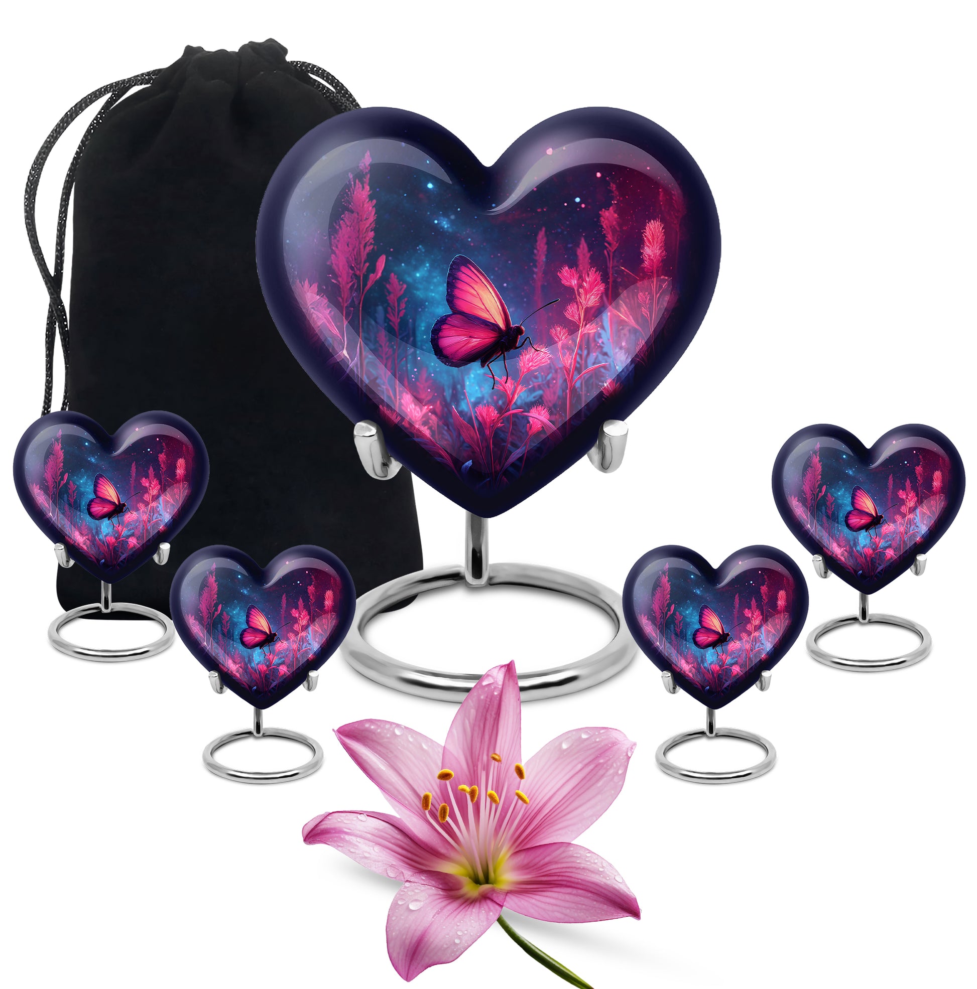 Navy Blue Butterfly Cremation Urn close-up of engraving and surface detail - loving heart memorial featuring butterfly pattern - memorial set with one large and four small urns