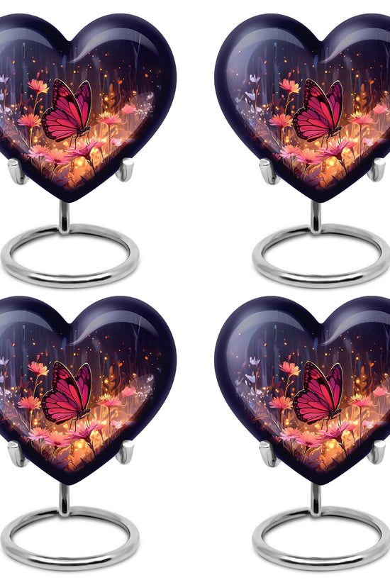 Navy Blue Butterfly Cremation Urn angled view of lid and engraved motif - loving heart memorial featuring butterfly pattern - 10 inch aluminum urn for cremated remains