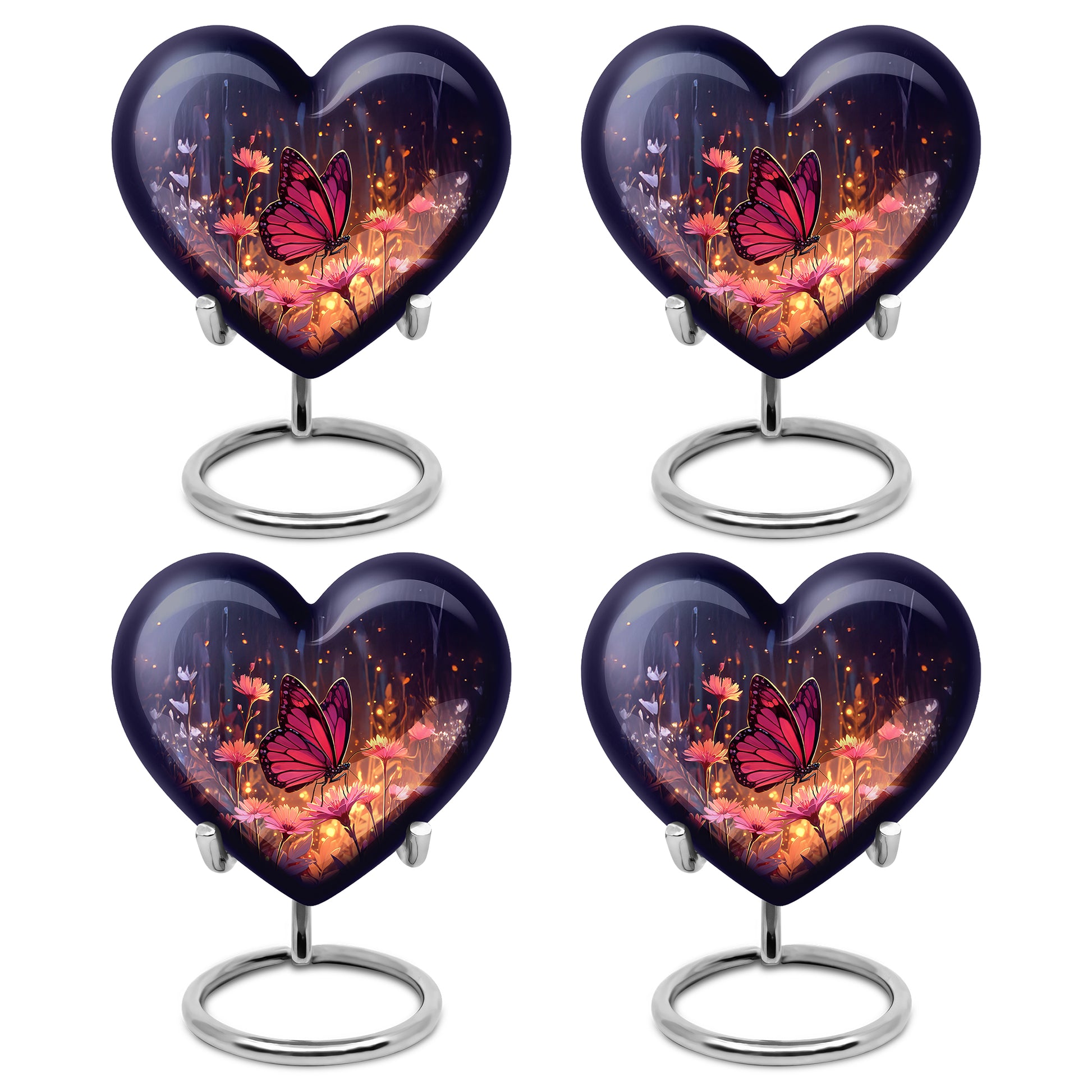 Navy Blue Butterfly Cremation Urn angled view of lid and engraved motif - loving heart memorial featuring butterfly pattern - 10 inch aluminum urn for cremated remains