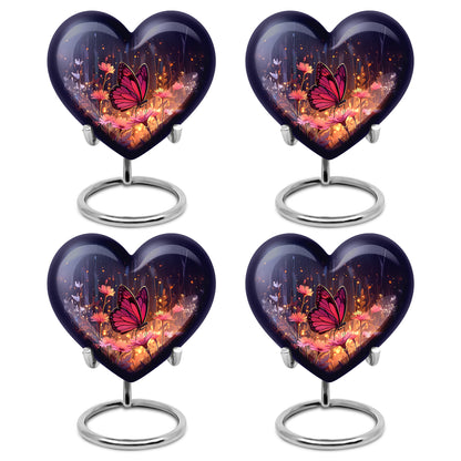 Navy Blue Butterfly Cremation Urn angled view of lid and engraved motif - loving heart memorial featuring butterfly pattern - 10 inch aluminum urn for cremated remains