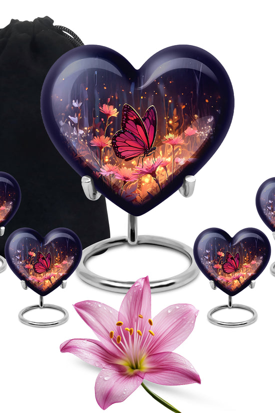 Vivid Blue Butterfly Cremation Urn close-up of engraving and surface detail - romantic heart urn with butterfly motif on aluminum - memorial set with one large and four small urns