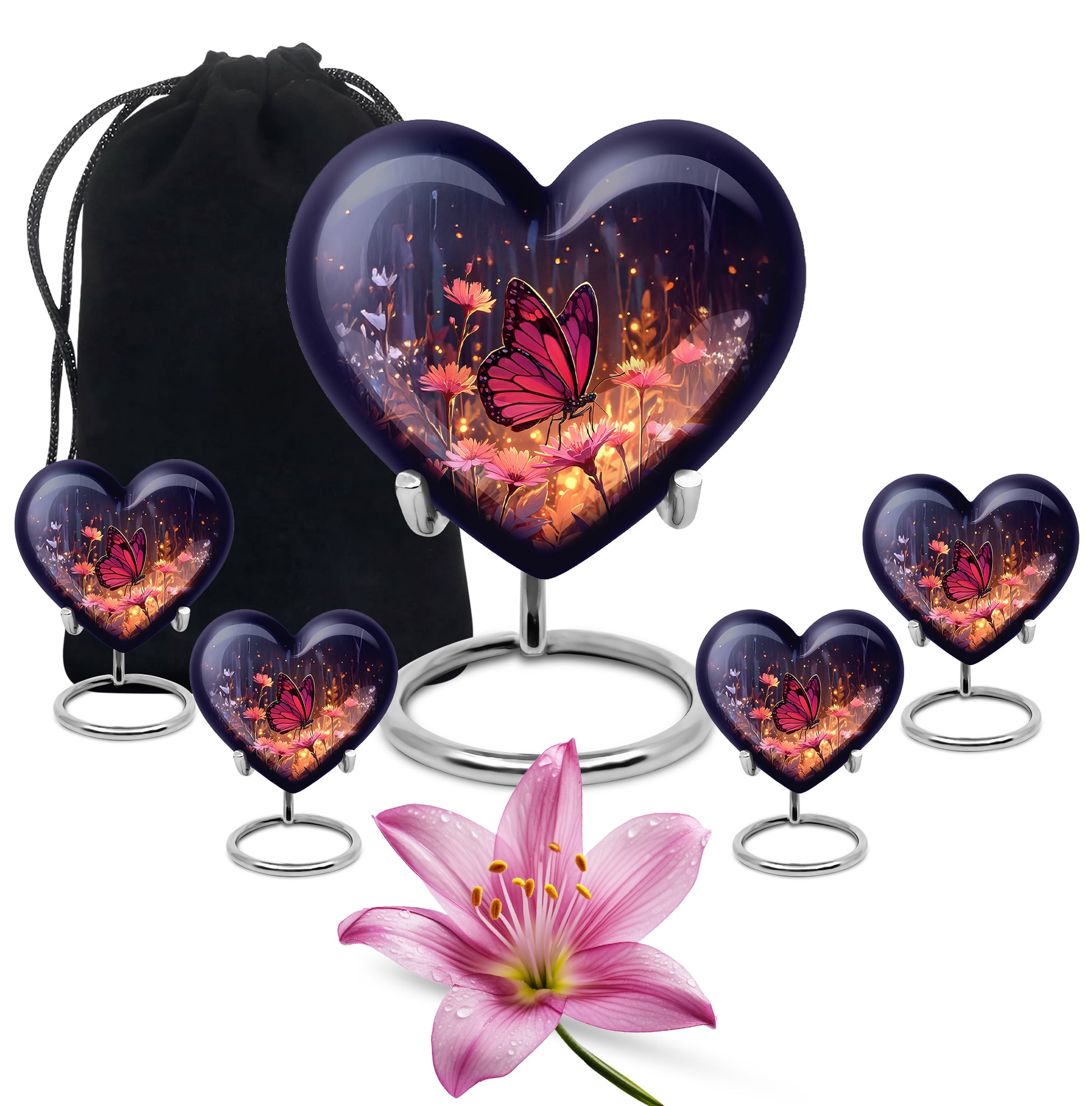 Vivid Blue Butterfly Cremation Urn close-up of engraving and surface detail - romantic heart urn with butterfly motif on aluminum - memorial set with one large and four small urns