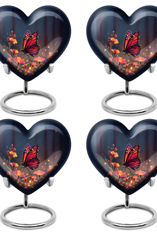 Steel Blue Butterfly Cremation Urn angled view of lid and engraved motif - compassionate heart-butterfly combination with gentle curves - 10 inch aluminum urn for cremated remains
