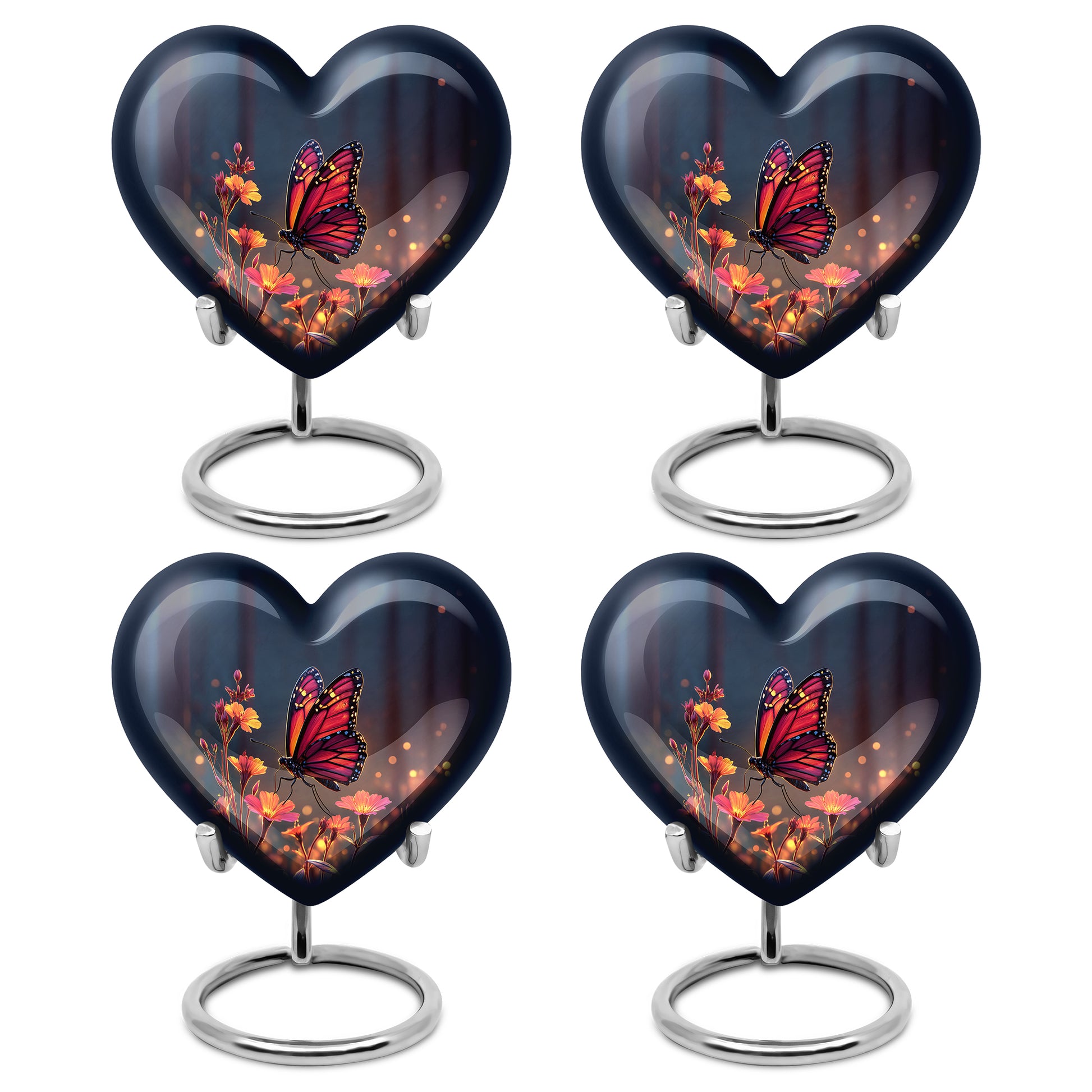 Steel Blue Butterfly Cremation Urn angled view of lid and engraved motif - compassionate heart-butterfly combination with gentle curves - 10 inch aluminum urn for cremated remains