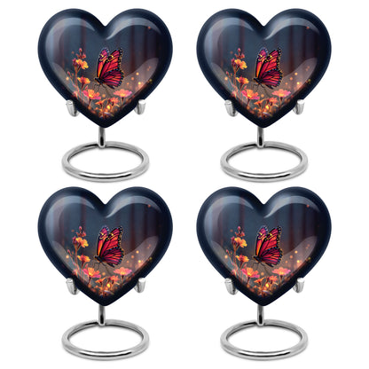 Steel Blue Butterfly Cremation Urn angled view of lid and engraved motif - compassionate heart-butterfly combination with gentle curves - 10 inch aluminum urn for cremated remains