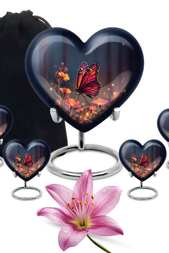 Misty Blue Butterfly Cremation Urn close-up of engraving and surface detail - loving heart memorial featuring butterfly pattern - memorial set with one large and four small urns