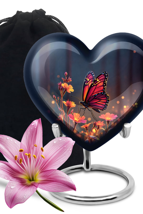 Vivid Blue Butterfly Cremation Urn detail view - romantic heart urn with butterfly motif on aluminum - full-size 10 inch 200 cubic inch adult cremation urn