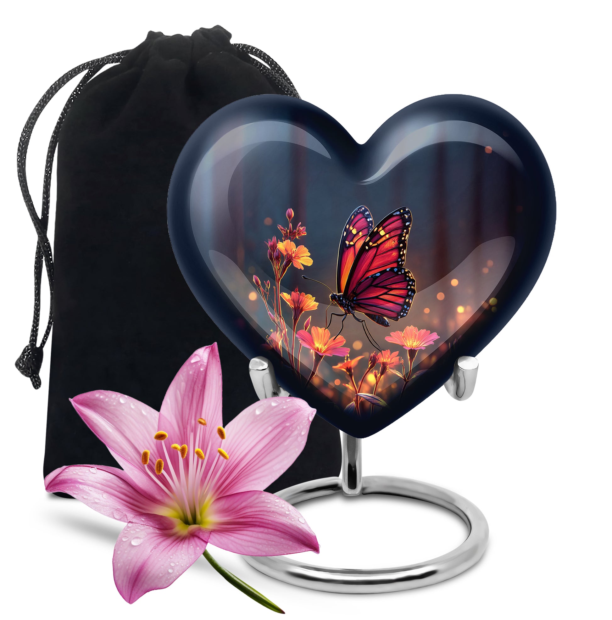 Vivid Blue Butterfly Cremation Urn detail view - romantic heart urn with butterfly motif on aluminum - full-size 10 inch 200 cubic inch adult cremation urn
