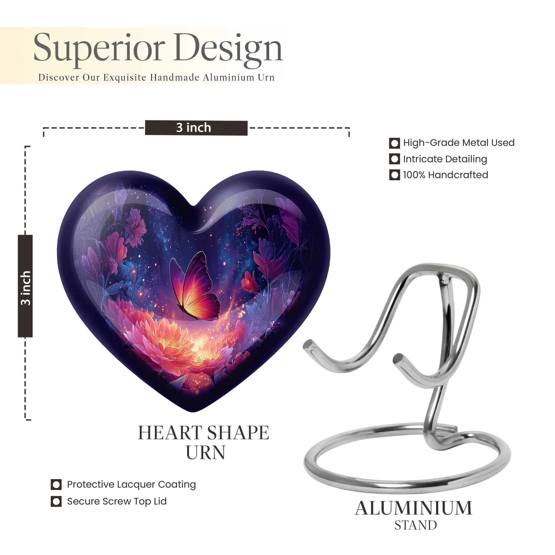 Slate Blue Butterfly Cremation Urn front view showing detailed design - heart-shaped butterfly design symbolizing eternal love - mini keepsake memorial for portion of cremation ashes