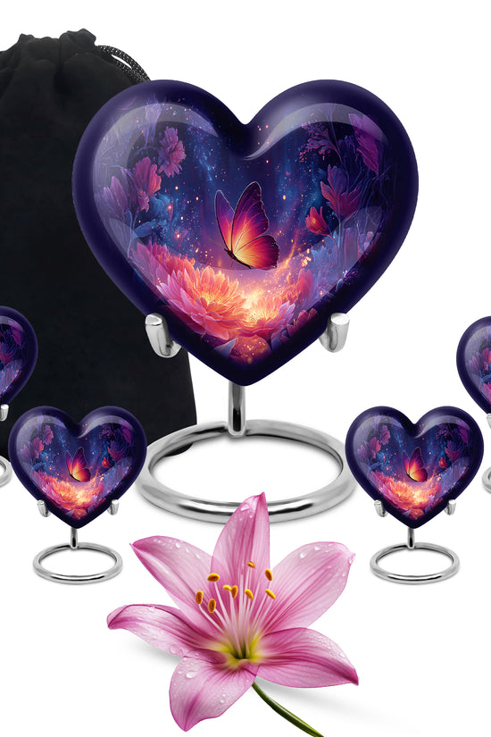 Steel Blue Butterfly Cremation Urn close-up of engraving and surface detail - compassionate heart-butterfly combination with gentle curves - memorial set with one large and four small urns