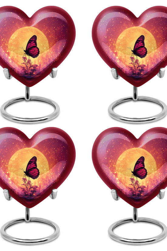 Peony Pink Butterfly Cremation Urn angled view of lid and engraved motif - loving heart memorial featuring butterfly pattern - 10 inch aluminum urn for cremated remains