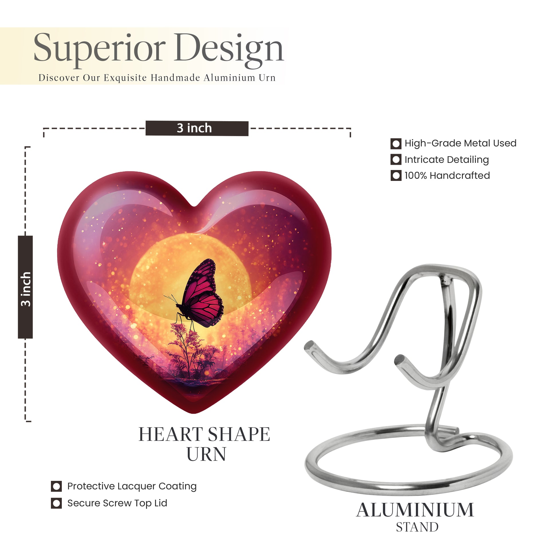 Soft Pink Butterfly Cremation Urn front view showing detailed design - romantic heart urn with butterfly motif on aluminum - mini keepsake memorial for portion of cremation ashes