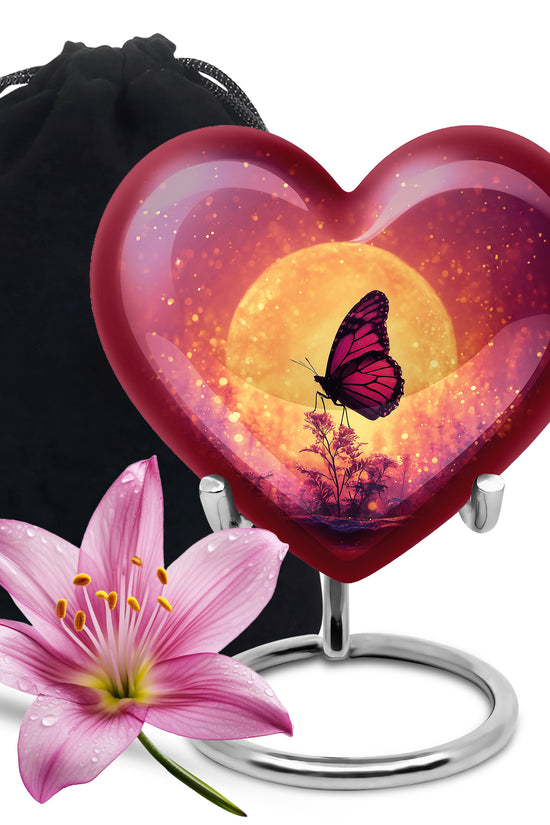 Soft Pink Butterfly Cremation Urn detail view - romantic heart urn with butterfly motif on aluminum - full-size 10 inch 200 cubic inch adult cremation urn