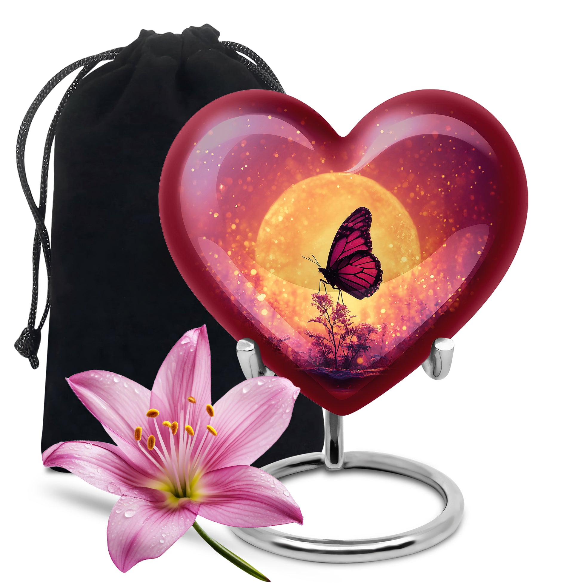 Soft Pink Butterfly Cremation Urn detail view - romantic heart urn with butterfly motif on aluminum - full-size 10 inch 200 cubic inch adult cremation urn