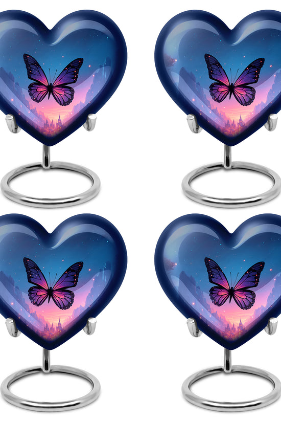 Steel Blue Butterfly Cremation Urn angled view of lid and engraved motif - compassionate heart-butterfly combination with gentle curves - 10 inch aluminum urn for cremated remains
