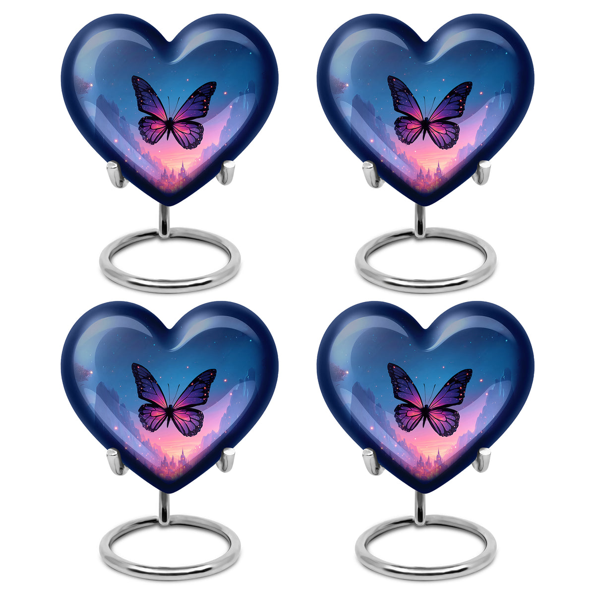 Steel Blue Butterfly Cremation Urn angled view of lid and engraved motif - compassionate heart-butterfly combination with gentle curves - 10 inch aluminum urn for cremated remains