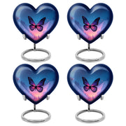 Steel Blue Butterfly Cremation Urn angled view of lid and engraved motif - compassionate heart-butterfly combination with gentle curves - 10 inch aluminum urn for cremated remains