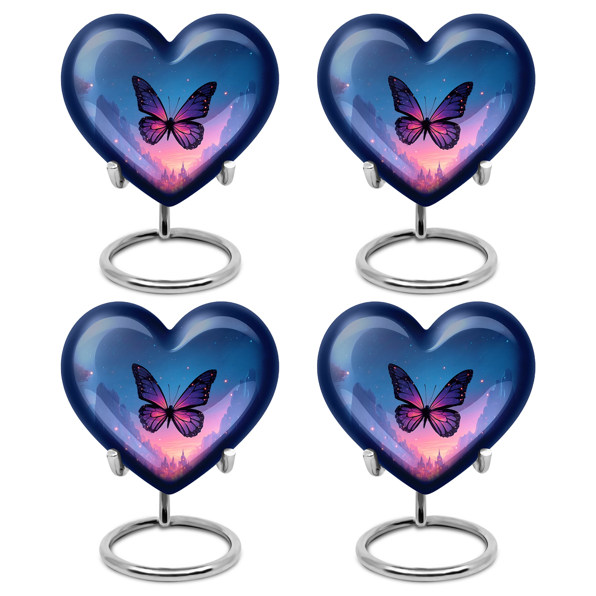 Steel Blue Butterfly Cremation Urn angled view of lid and engraved motif - compassionate heart-butterfly combination with gentle curves - 10 inch aluminum urn for cremated remains