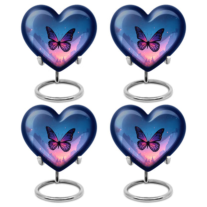 Steel Blue Butterfly Cremation Urn angled view of lid and engraved motif - compassionate heart-butterfly combination with gentle curves - 10 inch aluminum urn for cremated remains