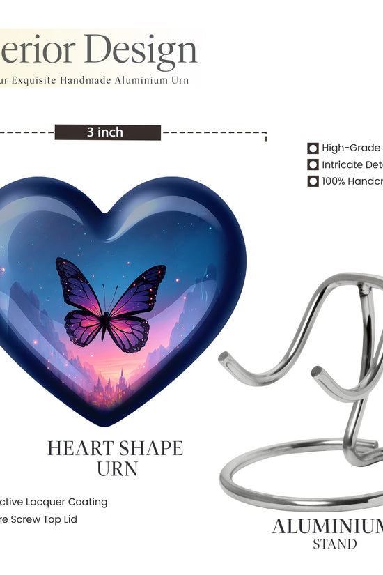 Misty Blue Butterfly Cremation Urn front view showing detailed design - loving heart memorial featuring butterfly pattern - mini keepsake memorial for portion of cremation ashes