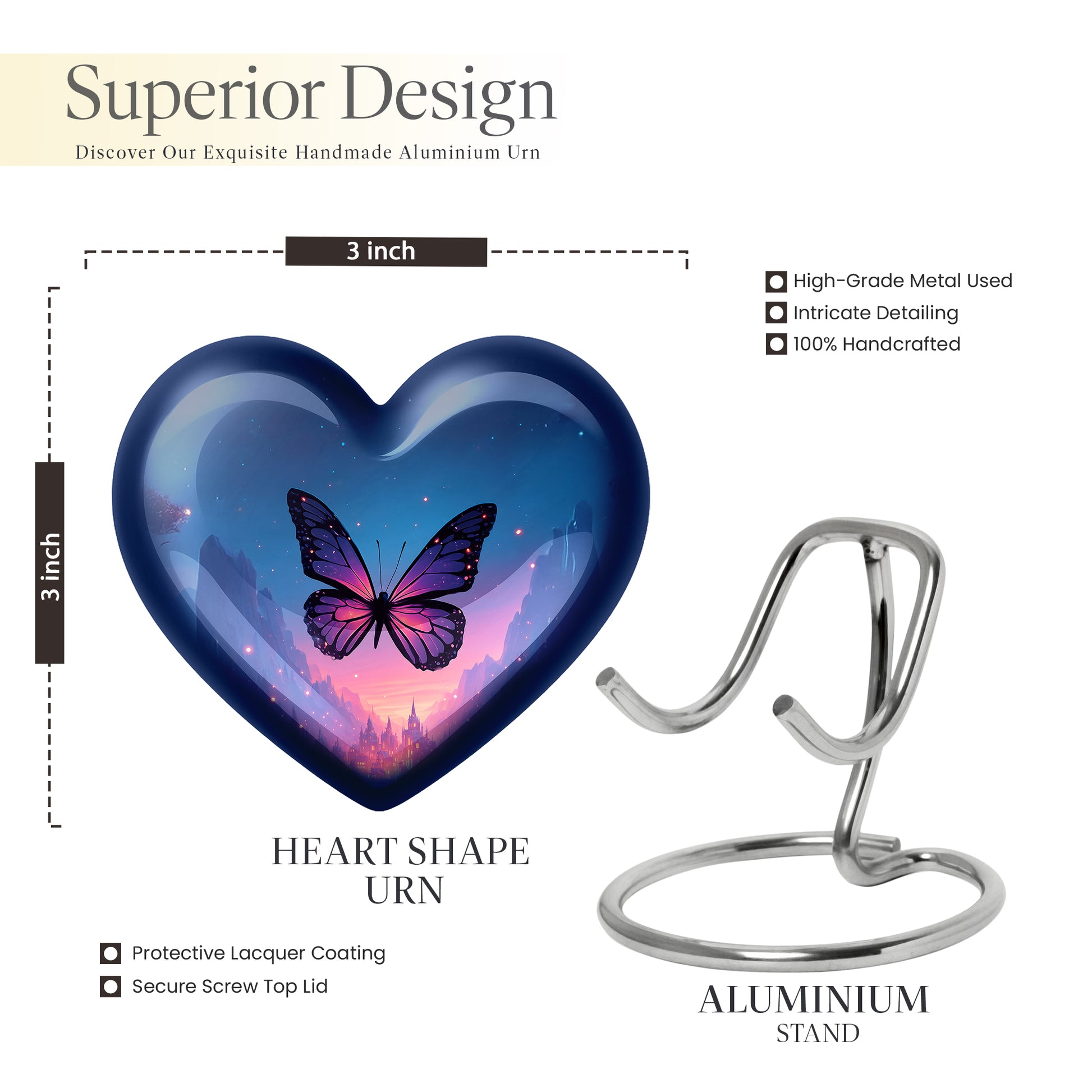 Misty Blue Butterfly Cremation Urn front view showing detailed design - loving heart memorial featuring butterfly pattern - mini keepsake memorial for portion of cremation ashes