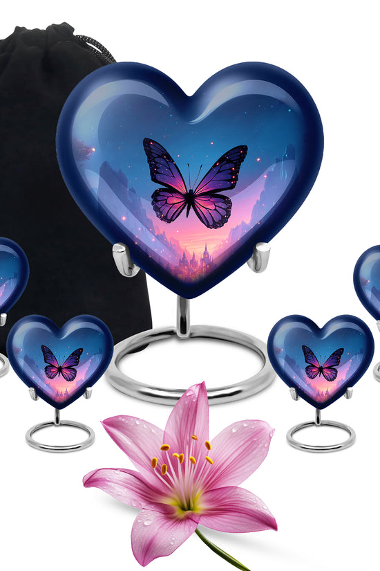 Sky Blue Butterfly Cremation Urn close-up of engraving and surface detail - heart-shaped butterfly design symbolizing eternal love - memorial set with one large and four small urns