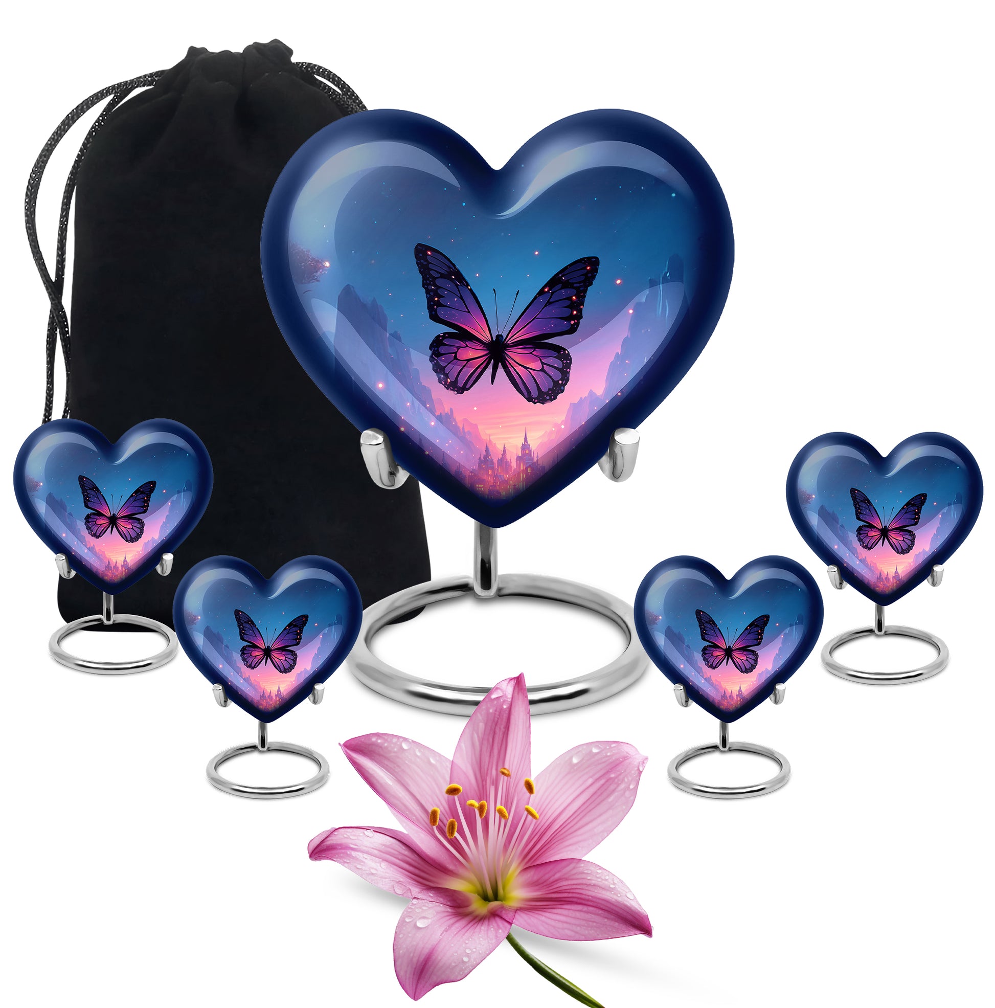 Sky Blue Butterfly Cremation Urn close-up of engraving and surface detail - heart-shaped butterfly design symbolizing eternal love - memorial set with one large and four small urns