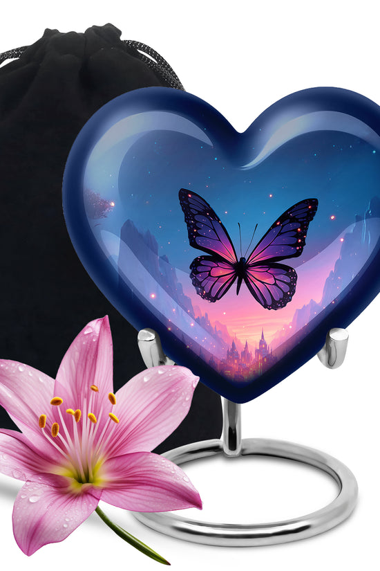 Powder Blue Butterfly Cremation Urn detail view - loving heart memorial featuring butterfly pattern - full-size 10 inch 200 cubic inch adult cremation urn