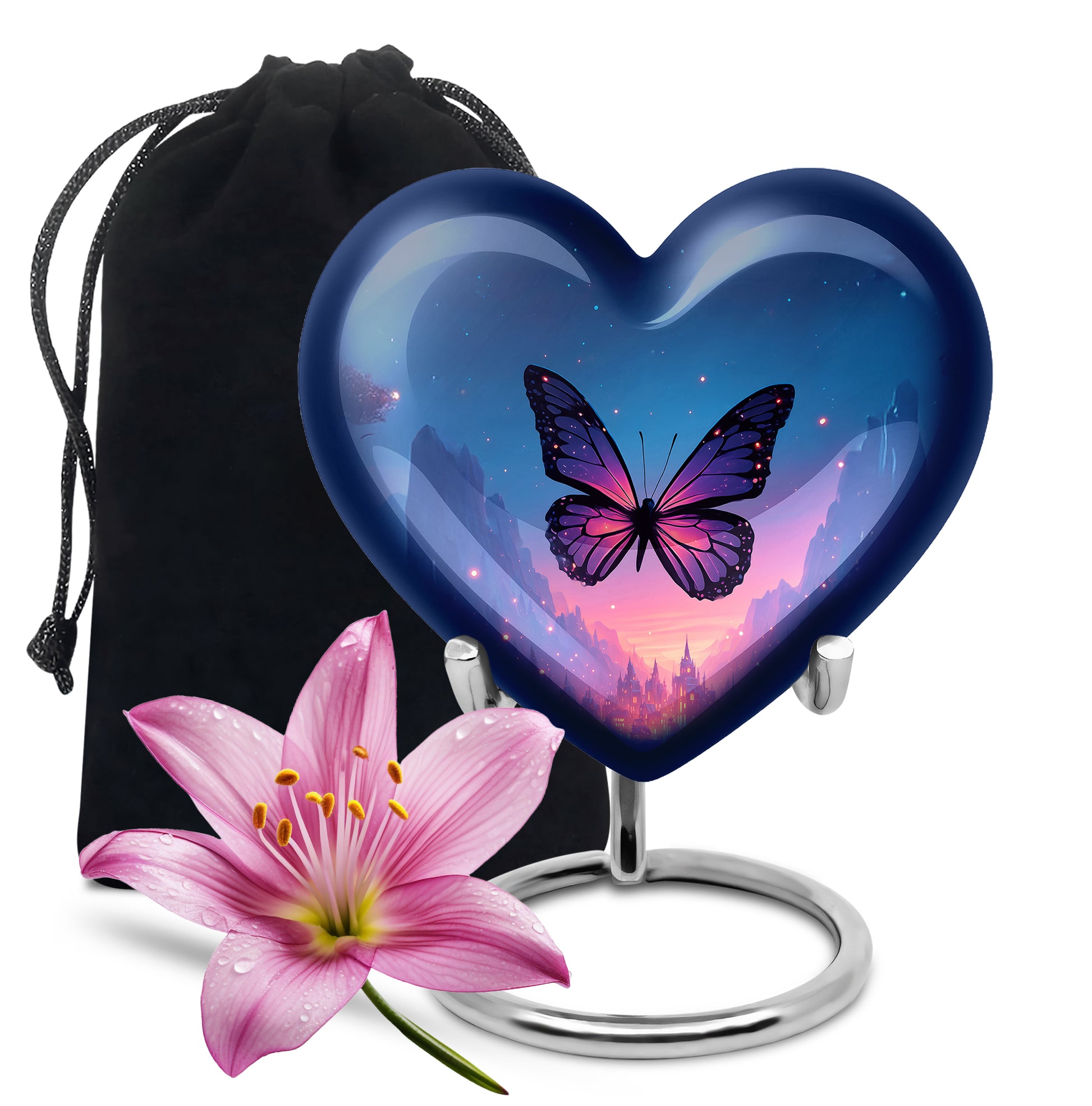 Powder Blue Butterfly Cremation Urn detail view - loving heart memorial featuring butterfly pattern - full-size 10 inch 200 cubic inch adult cremation urn