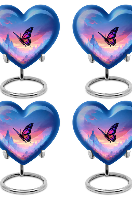 Slate Blue Butterfly Cremation Urn angled view of lid and engraved motif - heart-shaped butterfly design symbolizing eternal love - 10 inch aluminum urn for cremated remains