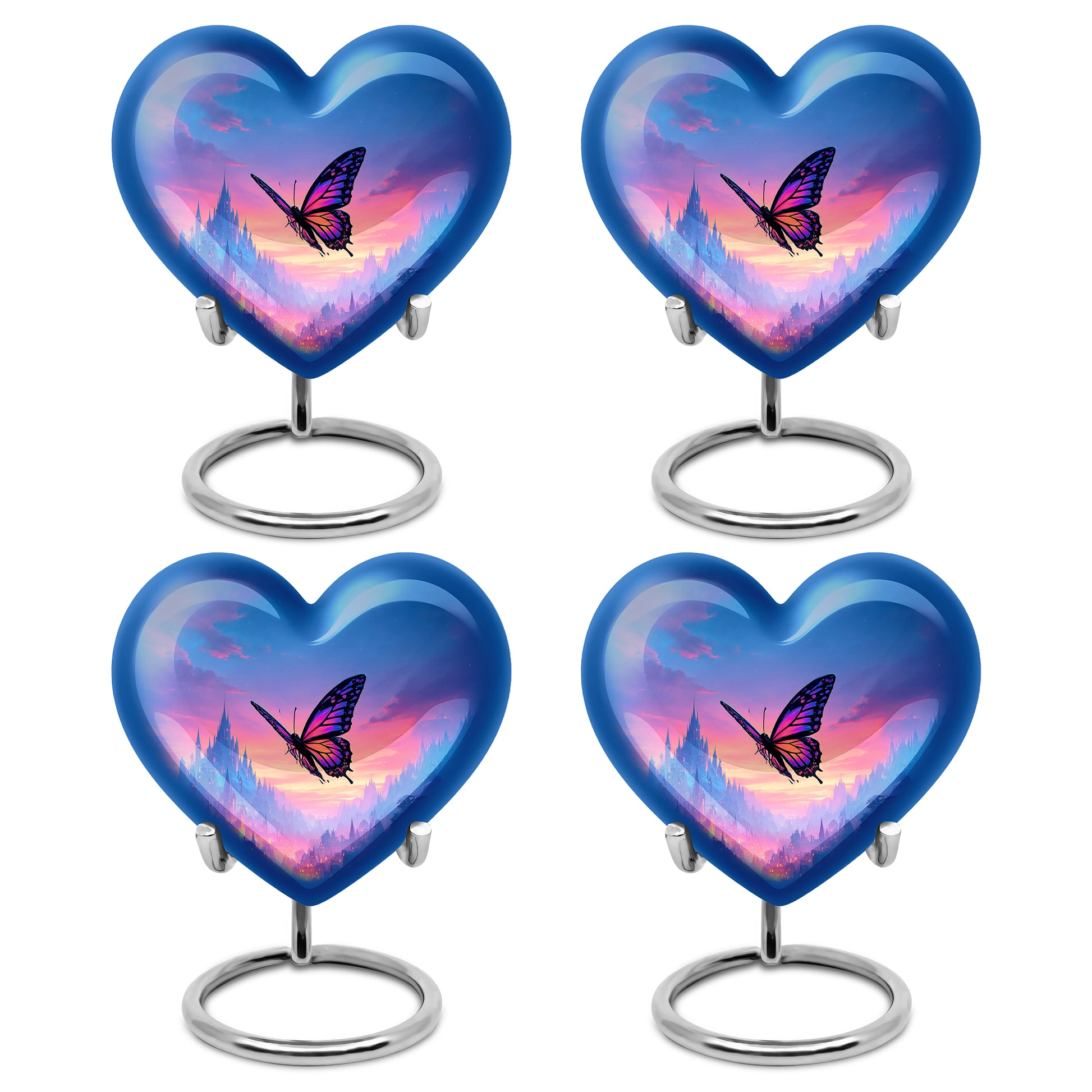 Slate Blue Butterfly Cremation Urn angled view of lid and engraved motif - heart-shaped butterfly design symbolizing eternal love - 10 inch aluminum urn for cremated remains