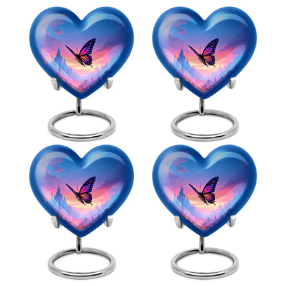 Slate Blue Butterfly Cremation Urn angled view of lid and engraved motif - heart-shaped butterfly design symbolizing eternal love - 10 inch aluminum urn for cremated remains