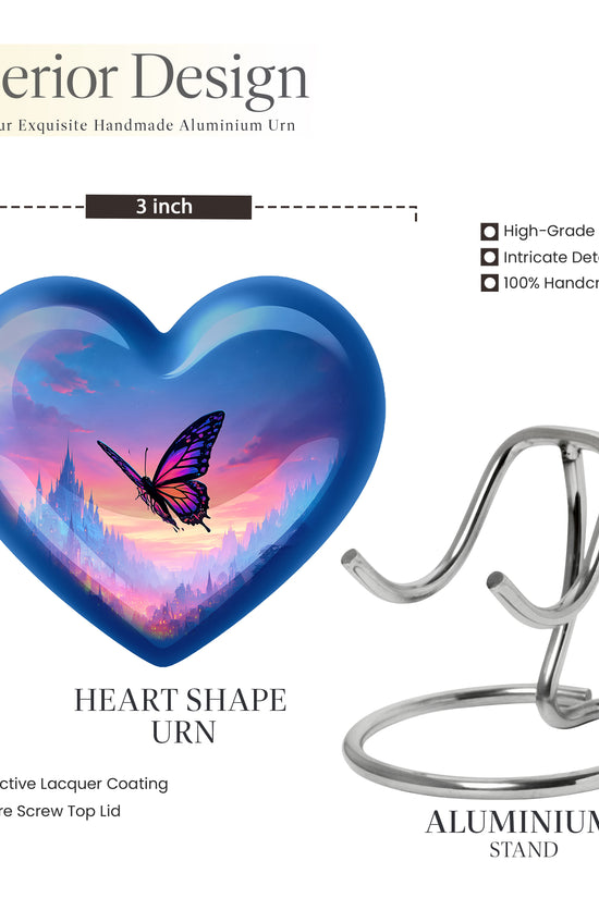 Sky Blue Butterfly Cremation Urn front view showing detailed design - loving heart memorial featuring butterfly pattern - mini keepsake memorial for portion of cremation ashes