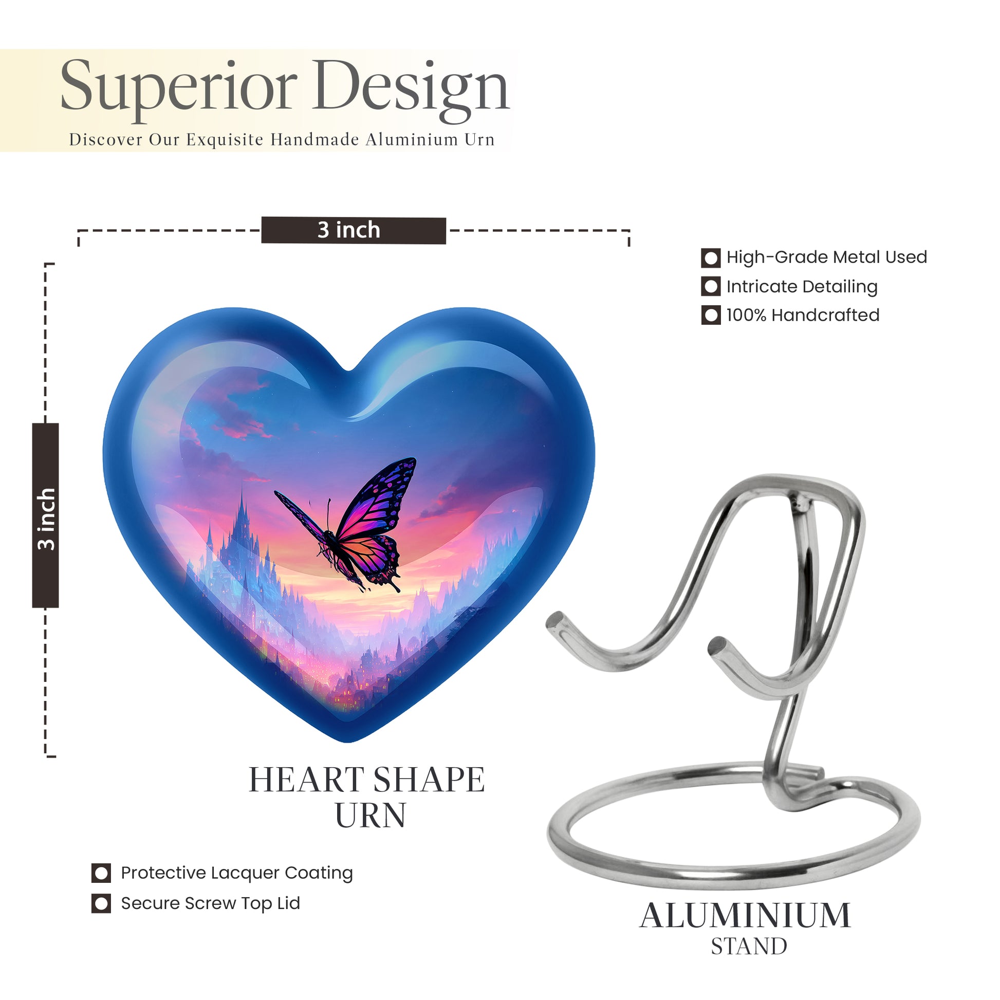 Sky Blue Butterfly Cremation Urn front view showing detailed design - loving heart memorial featuring butterfly pattern - mini keepsake memorial for portion of cremation ashes