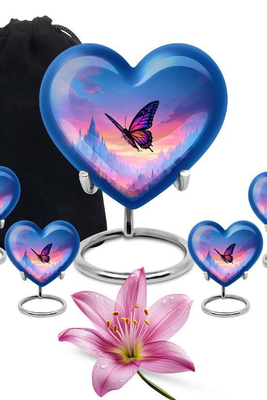 Celestial Blue Butterfly Cremation Urn close-up of engraving and surface detail - heart-shaped butterfly design symbolizing eternal love - memorial set with one large and four small urns