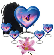 Celestial Blue Butterfly Cremation Urn close-up of engraving and surface detail - heart-shaped butterfly design symbolizing eternal love - memorial set with one large and four small urns