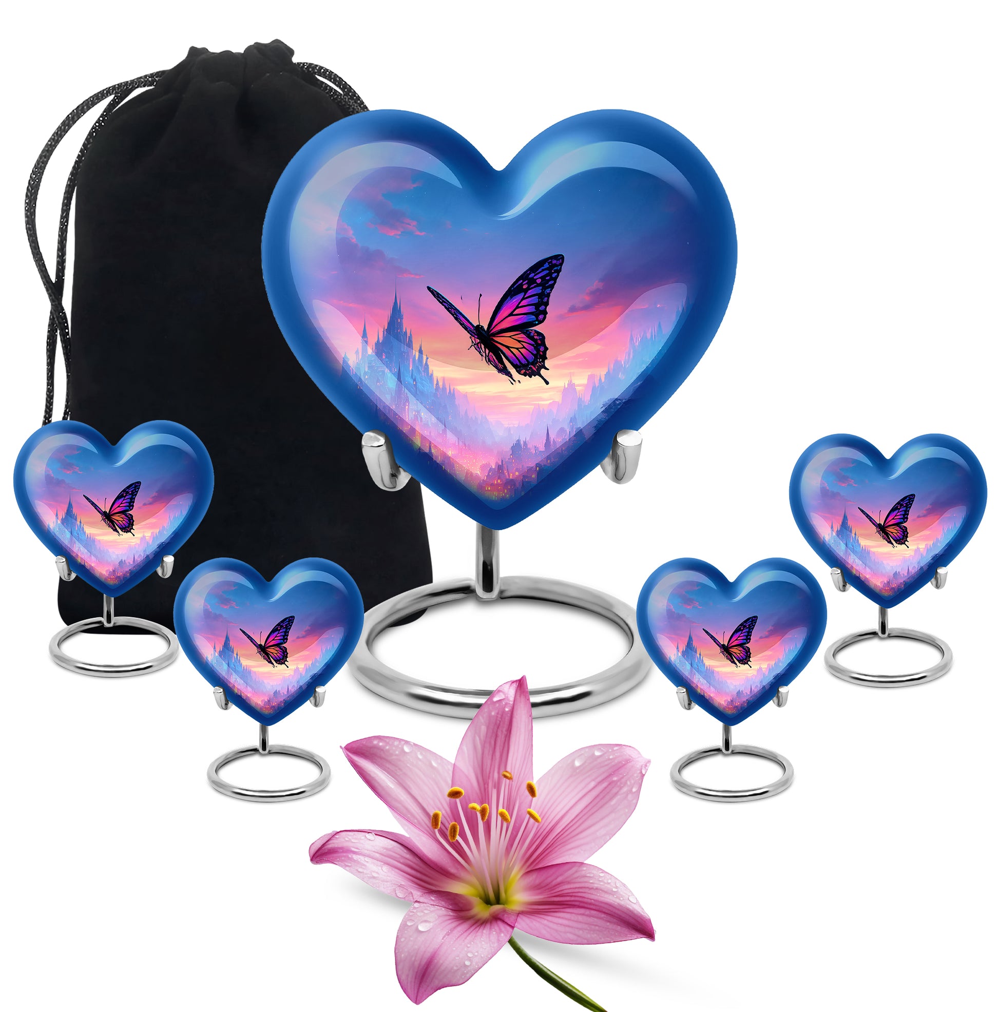 Celestial Blue Butterfly Cremation Urn close-up of engraving and surface detail - heart-shaped butterfly design symbolizing eternal love - memorial set with one large and four small urns