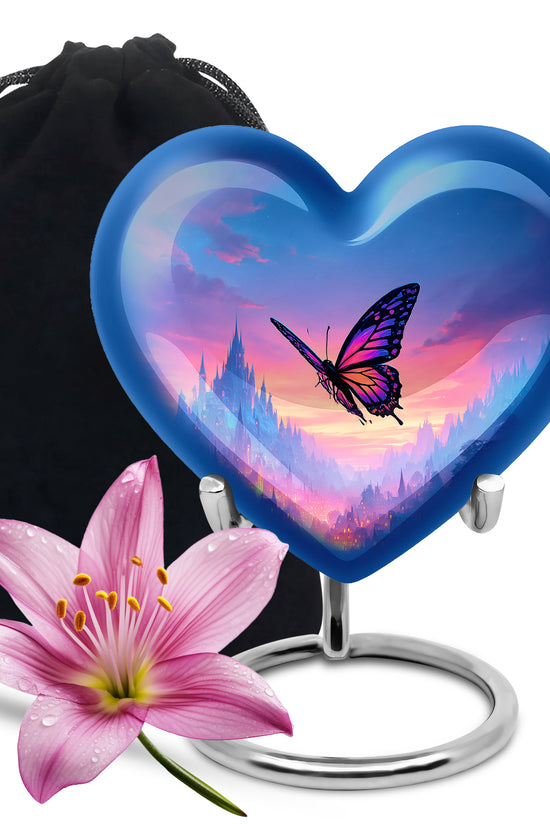Sky Blue Butterfly Cremation Urn detail view - loving heart memorial featuring butterfly pattern - full-size 10 inch 200 cubic inch adult cremation urn